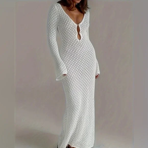 Crochet knit Fishtail Flare Sleeve Maxi Dress swimsuit cover up dress - Crochet knit Fishtail Flare Sleeve Maxi Dress swimsuit cover up dress -
